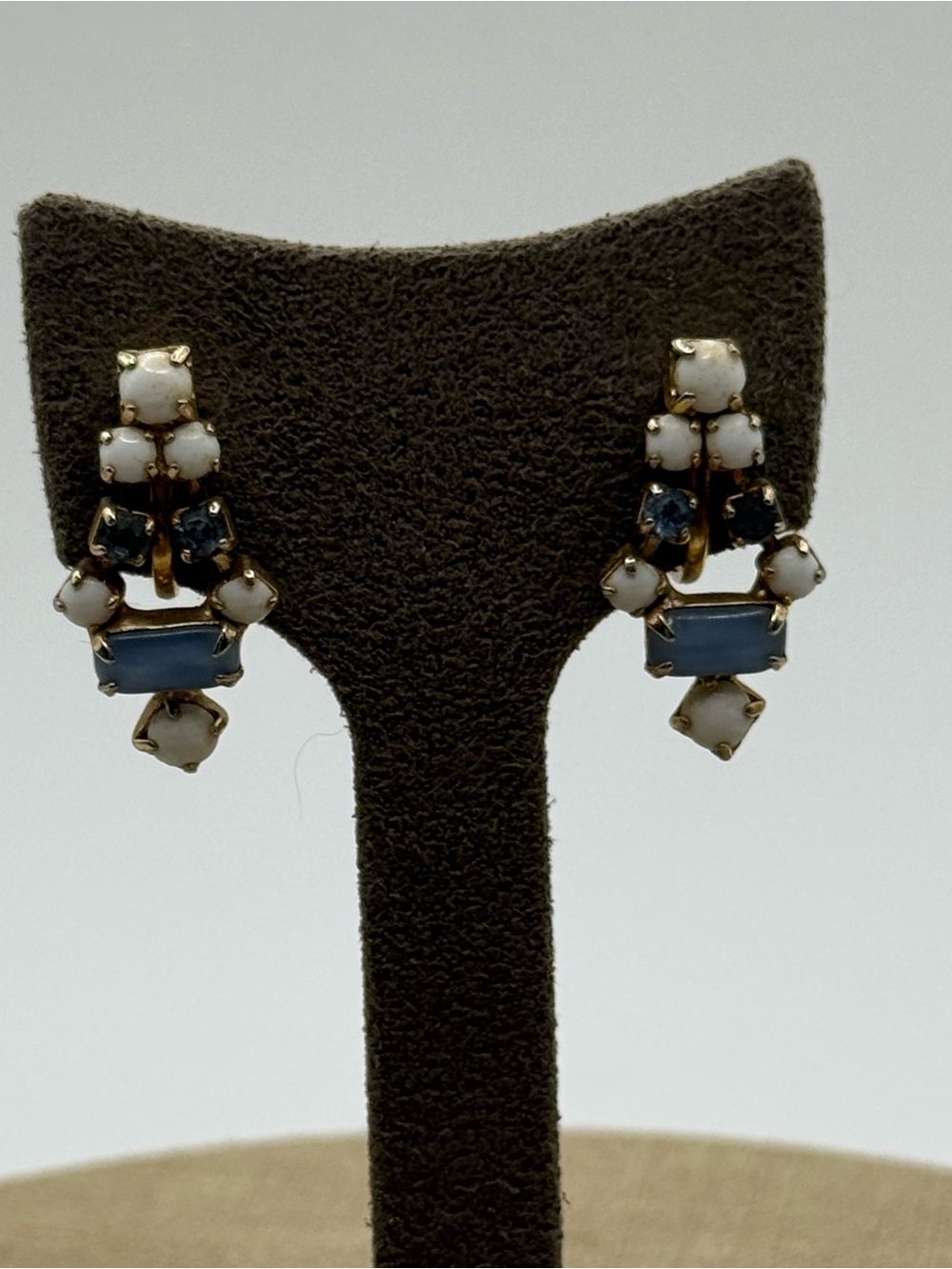 Vintage screw back Blue and White Crystal Drop Earrings